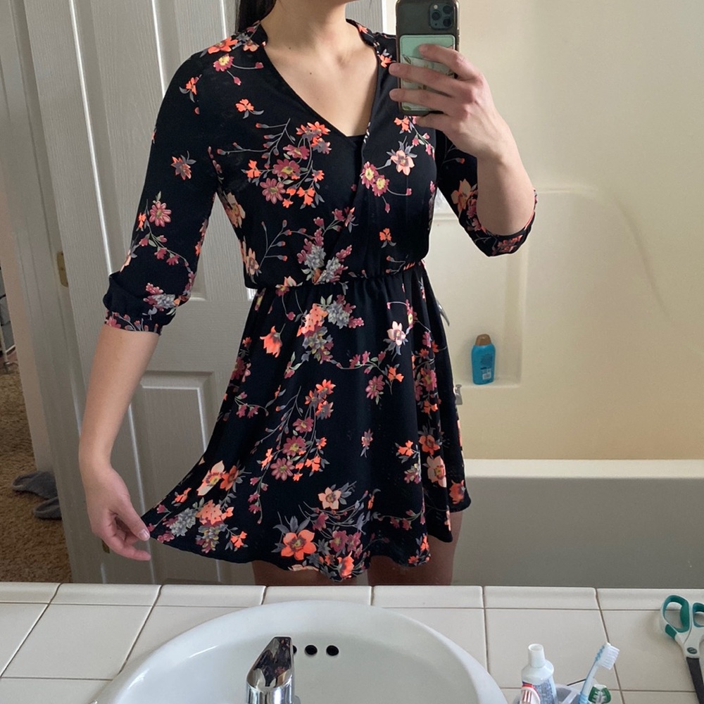 Lush black floral mid sleeve dress